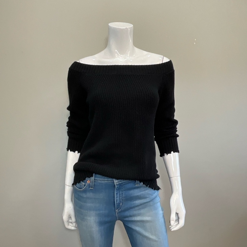 MINNIE ROSE Distressed Ribbed Off Shoulder Sweater Black XS